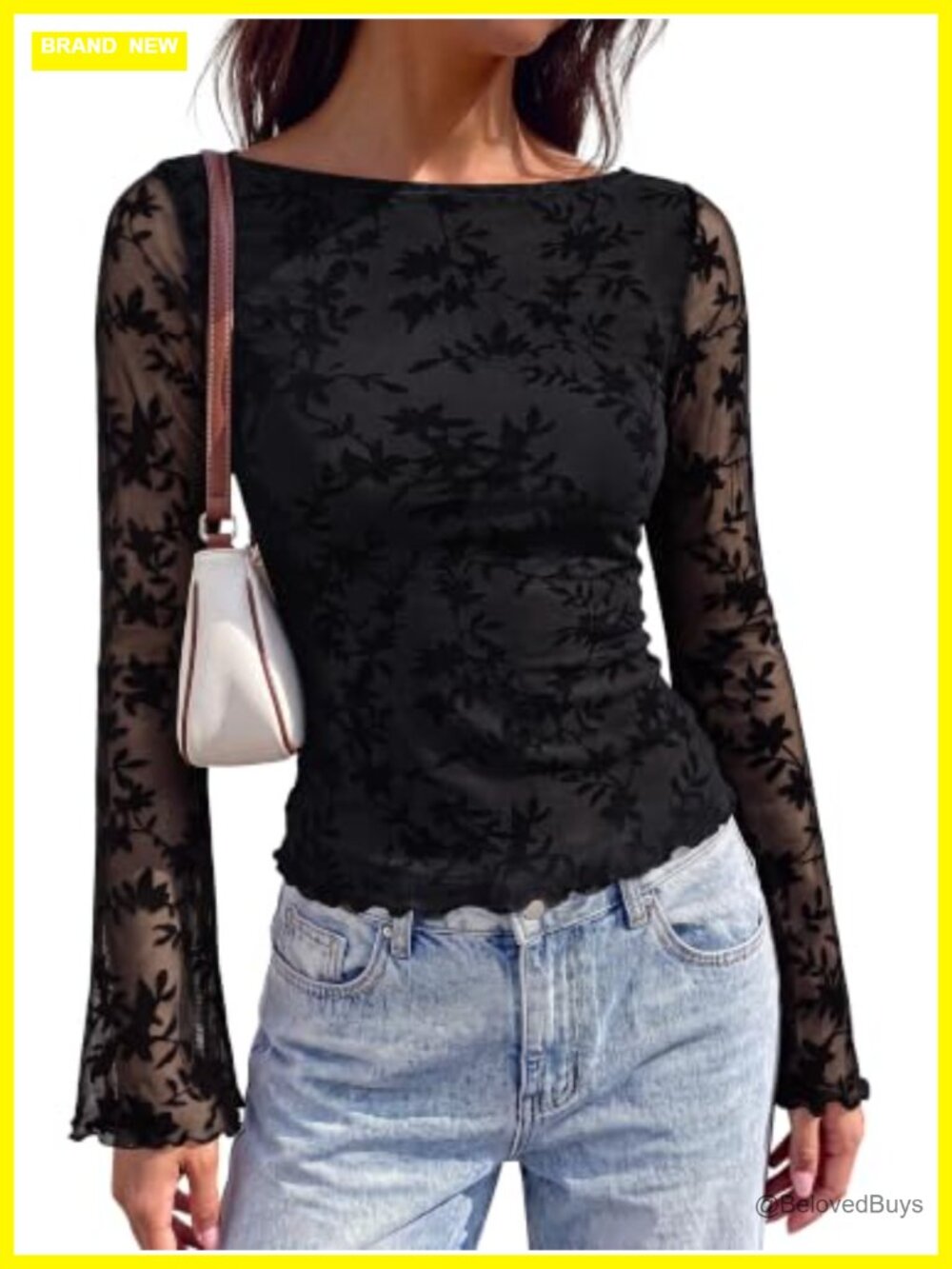 Women's Long Bell Sleeve Boat Neck Mesh Floral Top Bodycon Going Out
